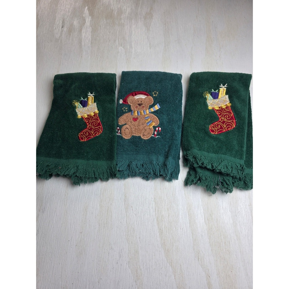 Saturday Knight Ltd Christmas Hand Towels Set of 3 Green Teddy Bear Stocking
